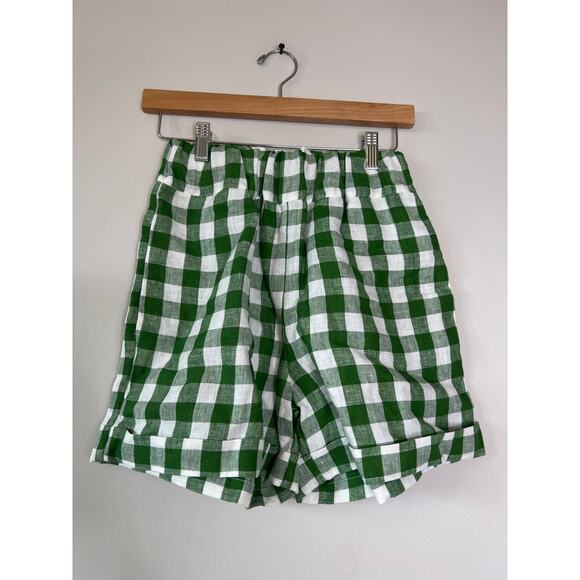 NEW Amour Linen Shorts Mia Elastic Waistband Gingham Shorts Green Size: XS - Picture 2 of 6